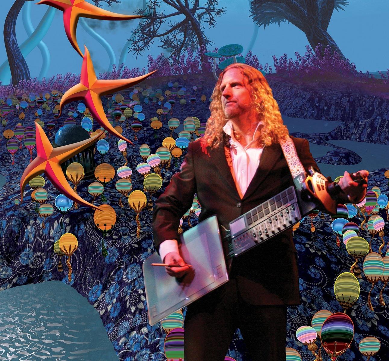 Bio photo of director and filmmaker J-Walt in a computer-generated underwater landscape utilizing digital input tools in an electric-guitar-like configuration