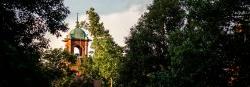 Scenic photo of Montclair State buildings peeking out from behind a treeline